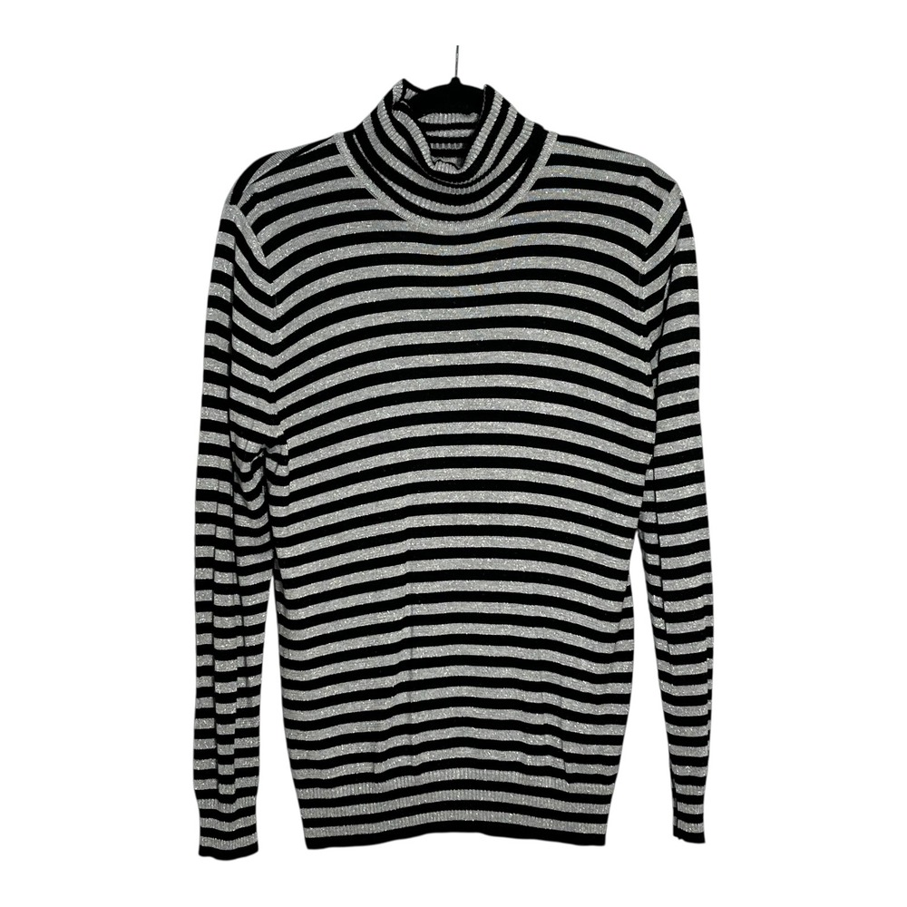 Joseph A Womens XL Black Silver Metallic Striped Turtleneck Shimmer Knit Sweater